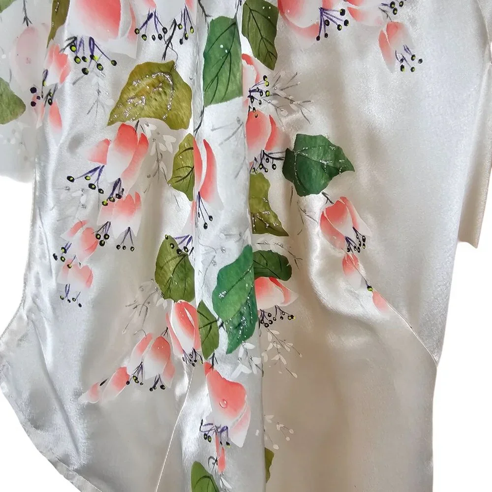 VTG Robe + Pant Sleepwear Set White Satin Floral Soft Loungewear Retro MCM OS